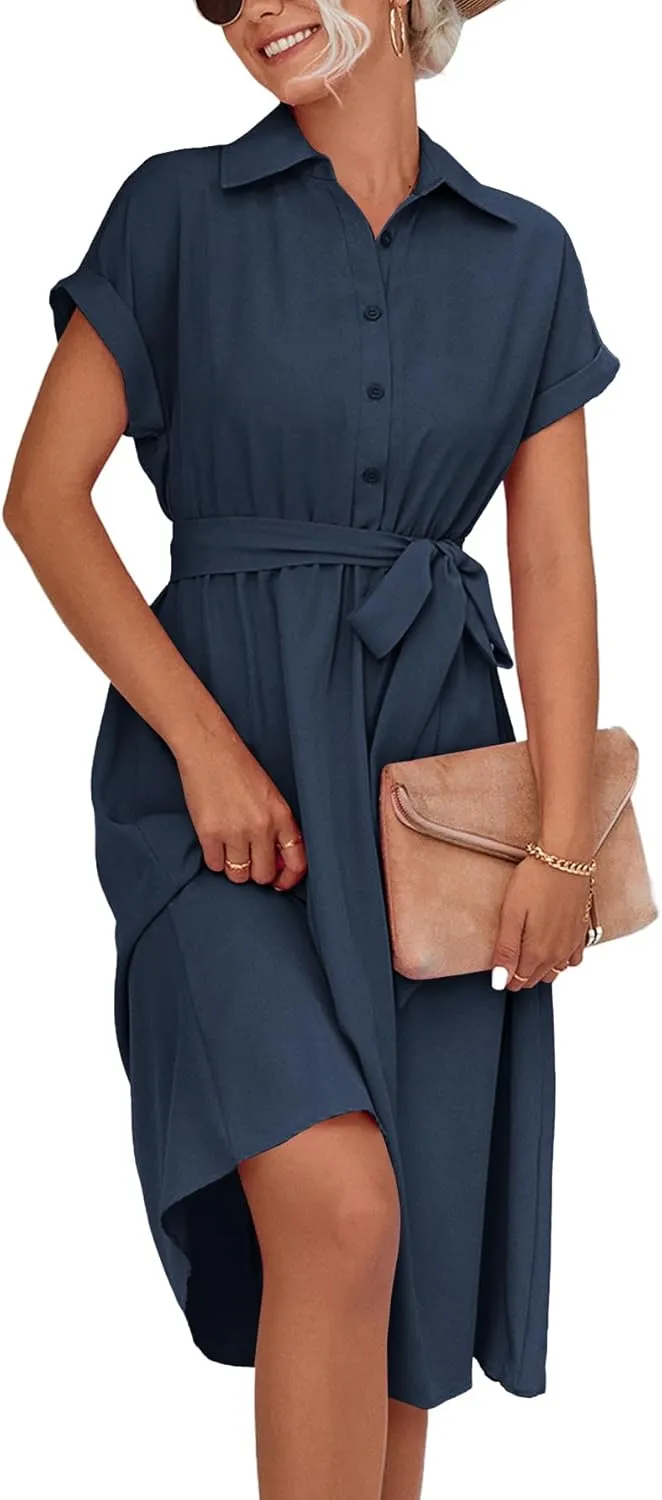 LYANER Women's Collar V Neck Button Front Tie Waist Short Sleeve Ruffle Hem Midi Dress