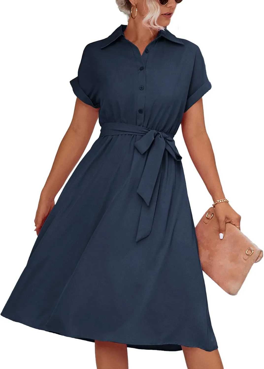 LYANER Women's Collar V Neck Button Front Tie Waist Short Sleeve Ruffle Hem Midi Dress