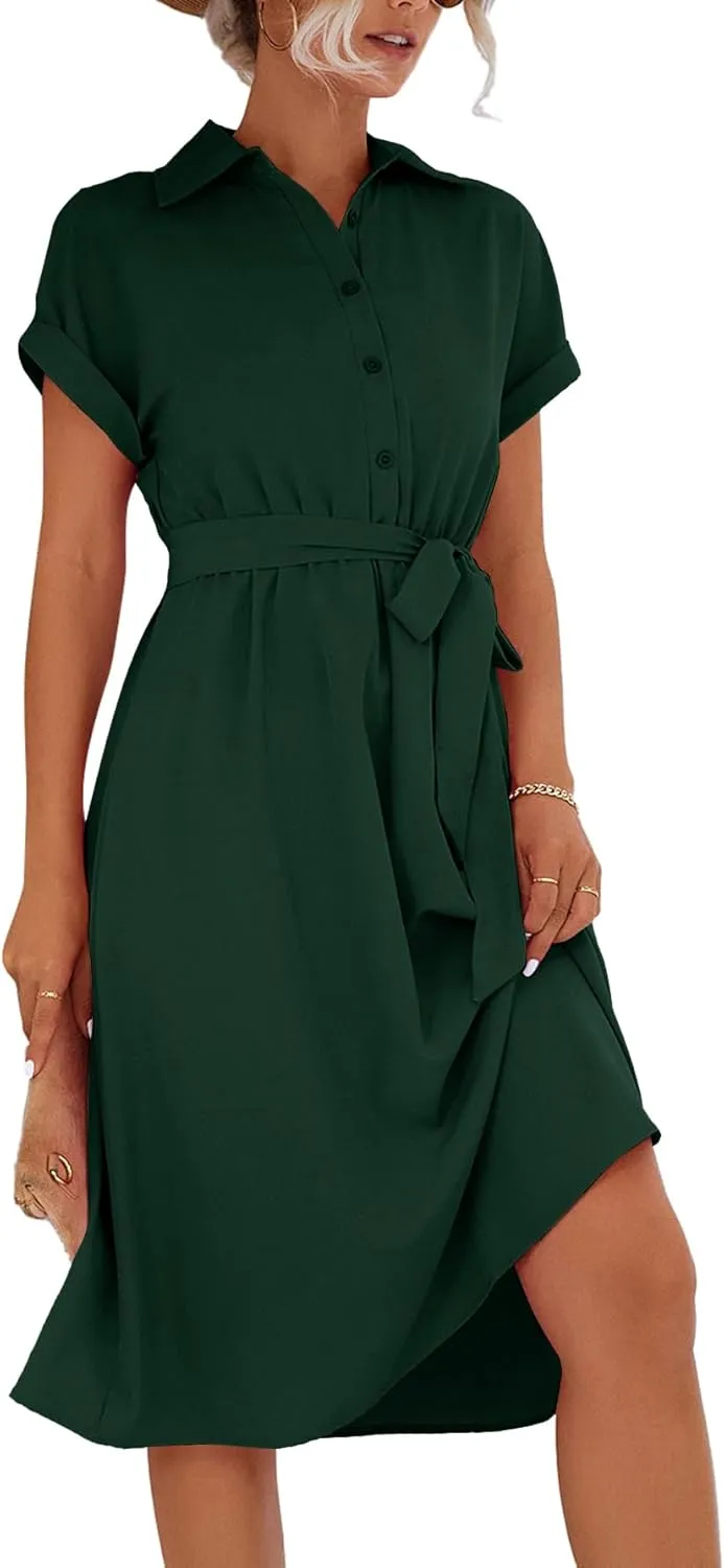 LYANER Women's Collar V Neck Button Front Tie Waist Short Sleeve Ruffle Hem Midi Dress