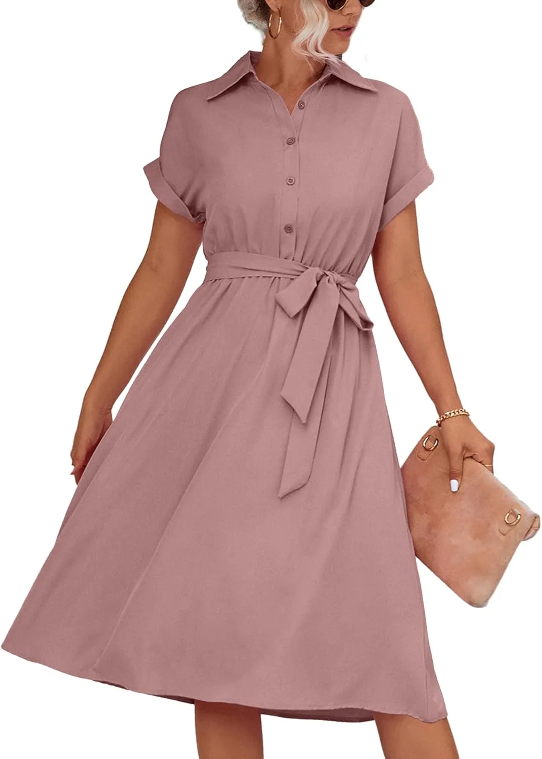 LYANER Women's Collar V Neck Button Front Tie Waist Short Sleeve Ruffle Hem Midi Dress