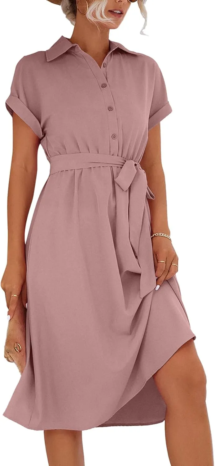 LYANER Women's Collar V Neck Button Front Tie Waist Short Sleeve Ruffle Hem Midi Dress