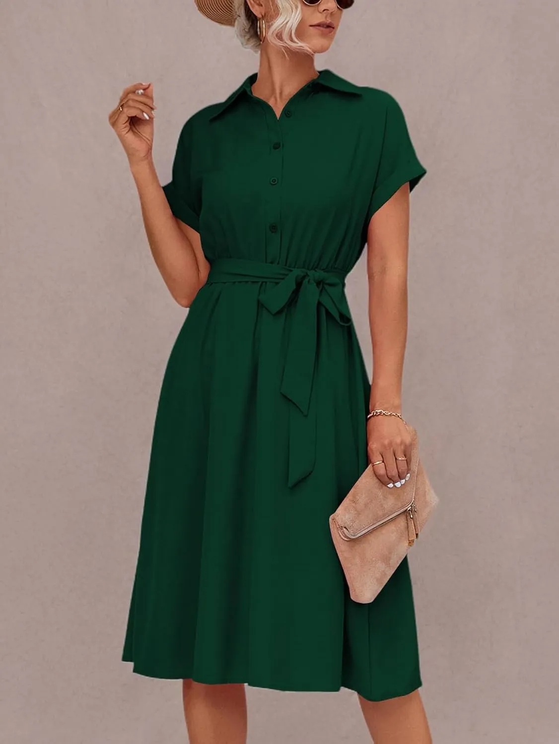 LYANER Women's Collar V Neck Button Front Tie Waist Short Sleeve Ruffle Hem Midi Dress