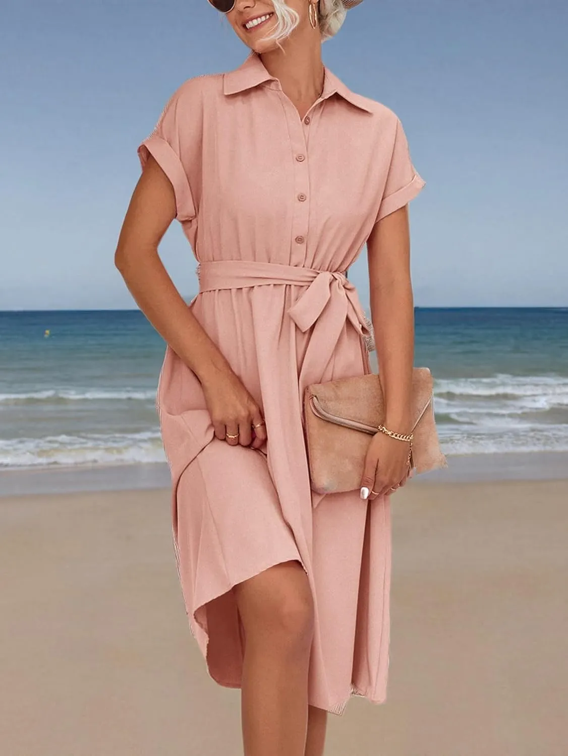 LYANER Women's Collar V Neck Button Front Tie Waist Short Sleeve Ruffle Hem Midi Dress