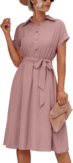LYANER Women's Collar V Neck Button Front Tie Waist Short Sleeve Ruffle Hem Midi Dress