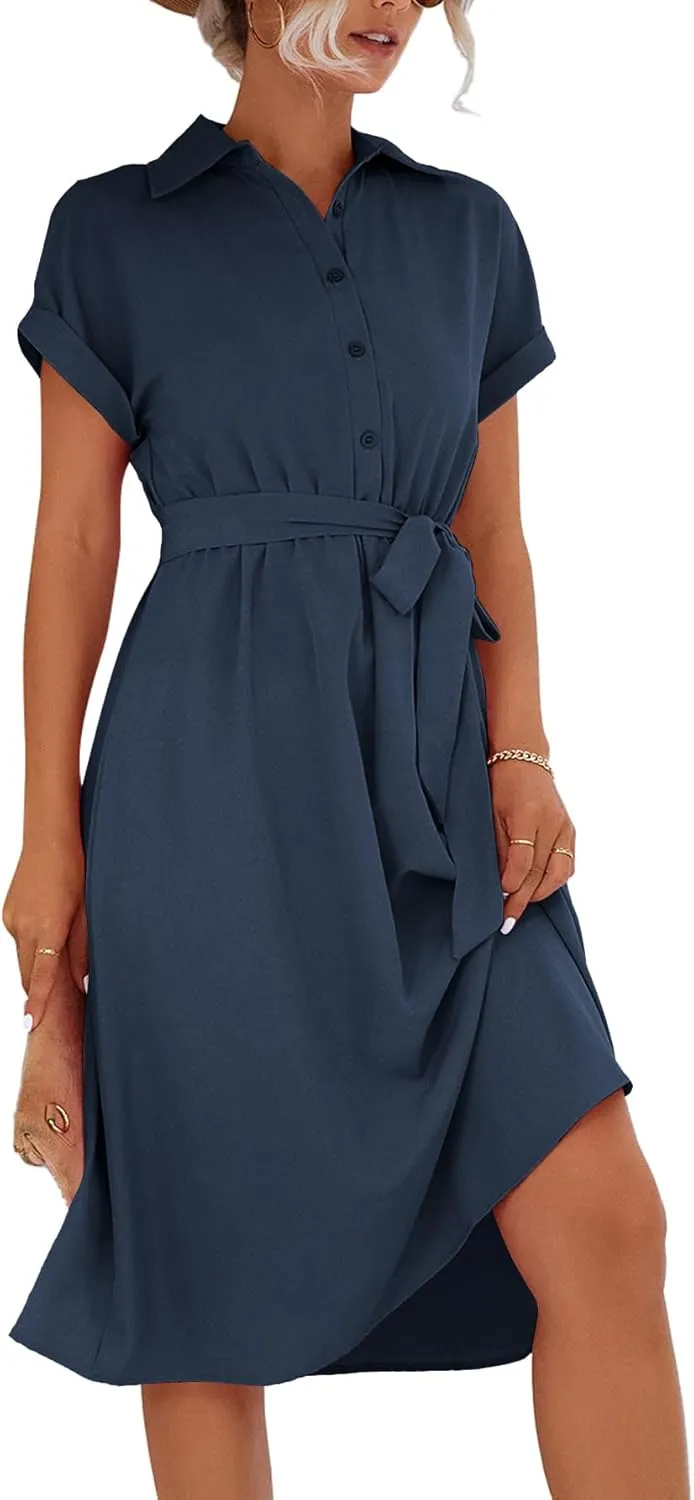 LYANER Women's Collar V Neck Button Front Tie Waist Short Sleeve Ruffle Hem Midi Dress