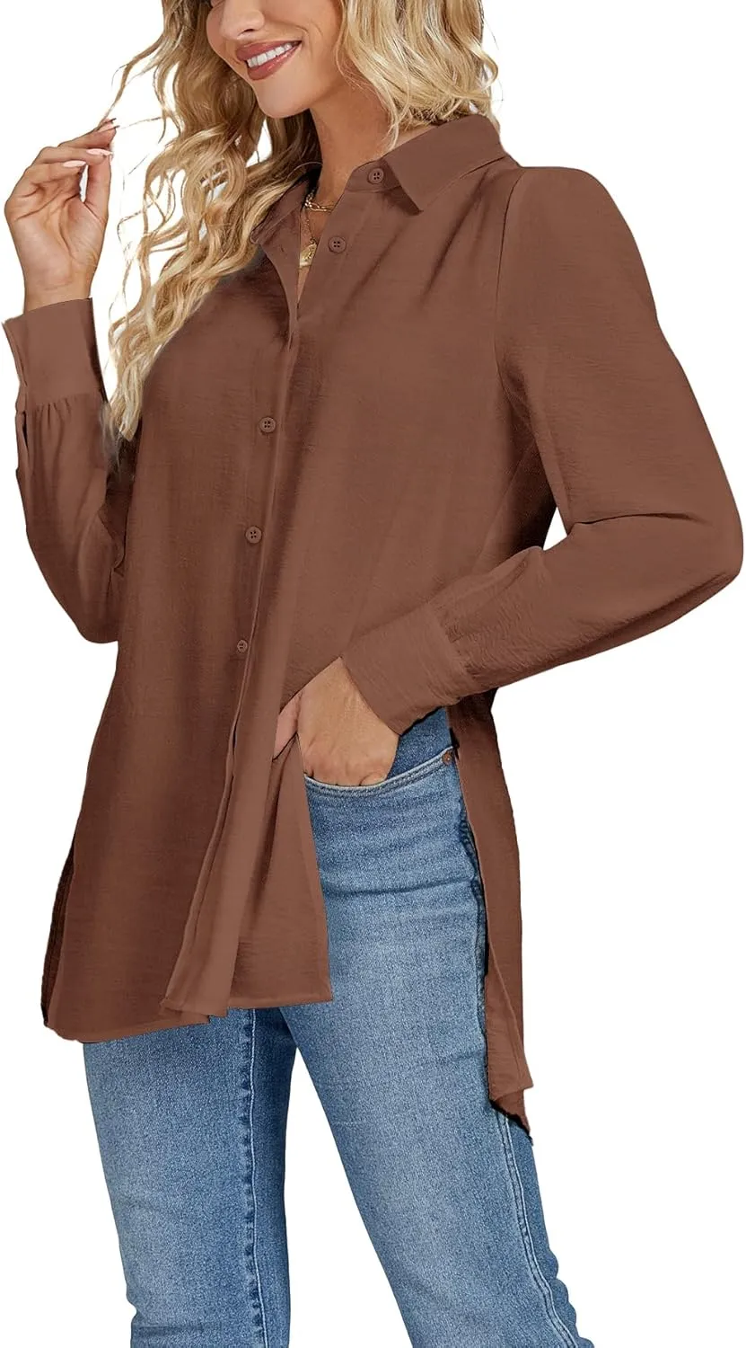 LYANER Women's Collar V Neck Split Hem Button Down Long Sleeve Long Shirt Blouse Tunic Top