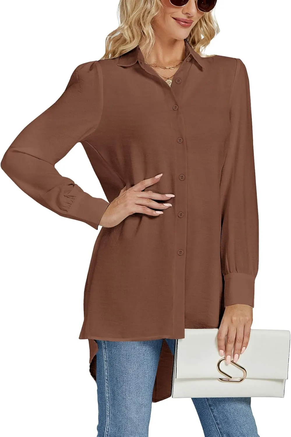LYANER Women's Collar V Neck Split Hem Button Down Long Sleeve Long Shirt Blouse Tunic Top