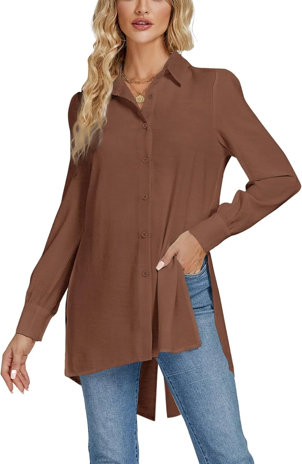 LYANER Women's Collar V Neck Split Hem Button Down Long Sleeve Long Shirt Blouse Tunic Top