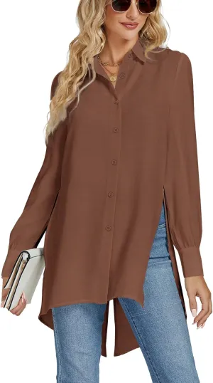 LYANER Women's Collar V Neck Split Hem Button Down Long Sleeve Long Shirt Blouse Tunic Top