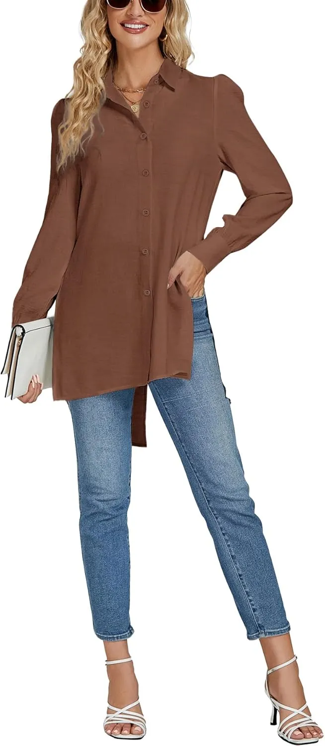 LYANER Women's Collar V Neck Split Hem Button Down Long Sleeve Long Shirt Blouse Tunic Top