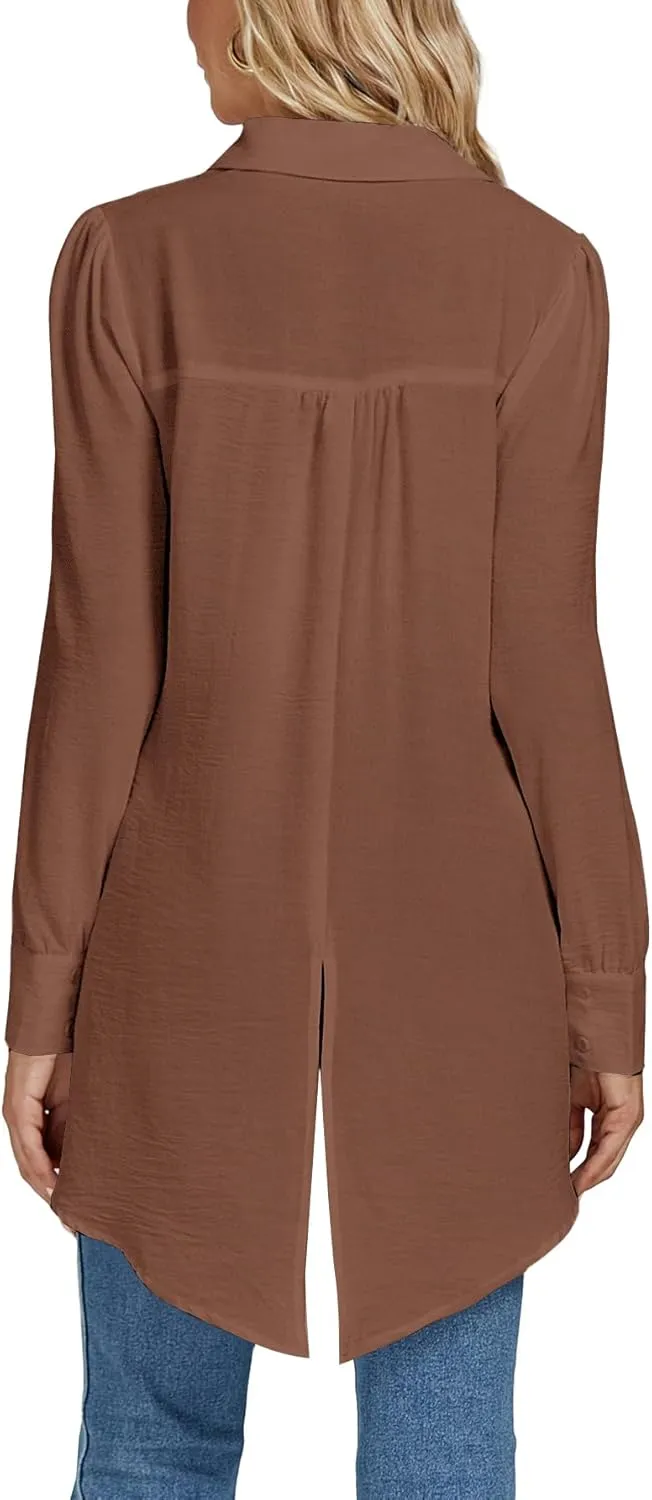 LYANER Women's Collar V Neck Split Hem Button Down Long Sleeve Long Shirt Blouse Tunic Top