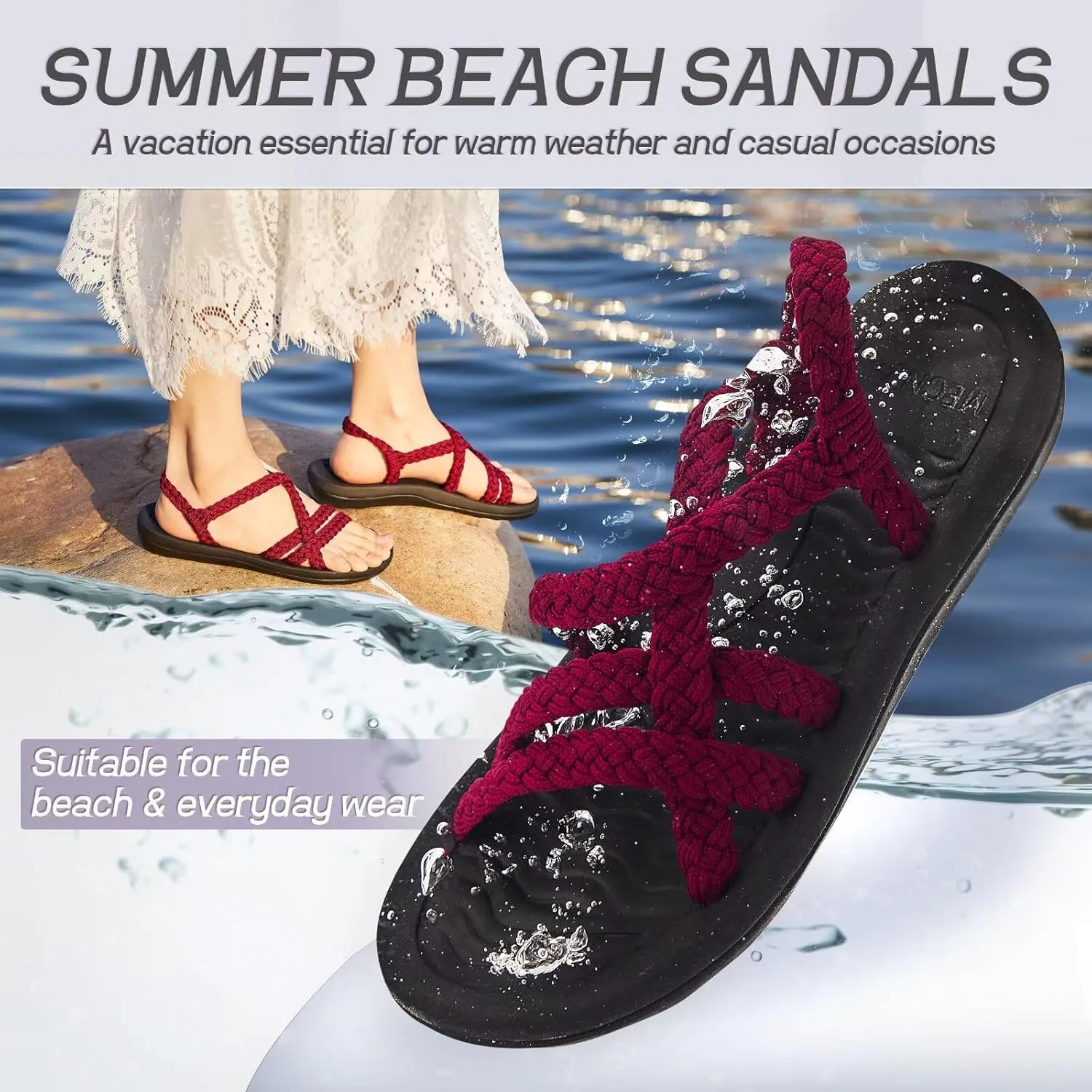MEGNYA Women's Comfortable Walking Sandals with Arch Support, Athletic Hiking Sandals with Handmade Straps, Outdoor Soft Water Sandals for Beach Poolside Travel Camping