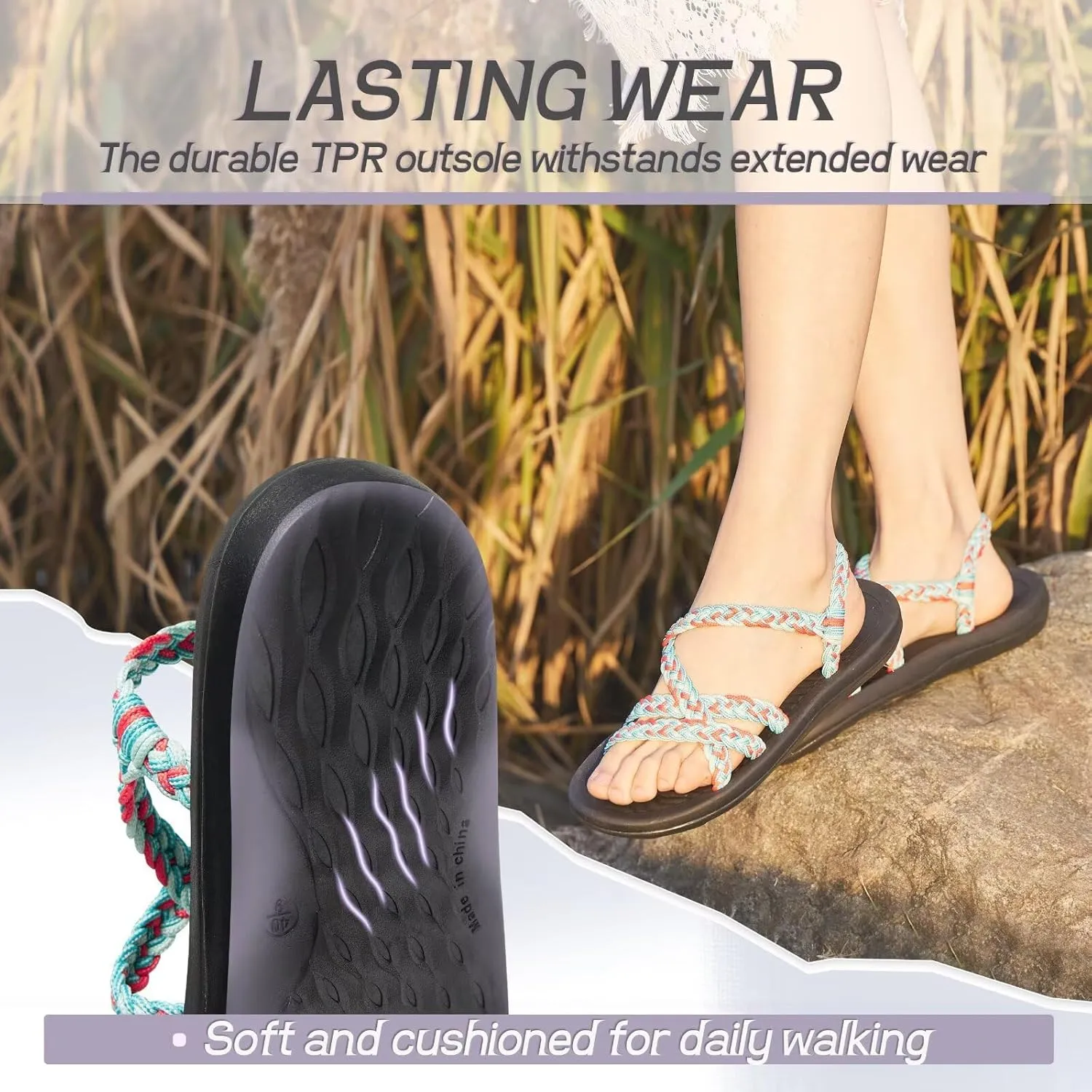MEGNYA Women's Comfortable Walking Sandals with Arch Support, Athletic Hiking Sandals with Handmade Straps, Outdoor Soft Water Sandals for Beach Poolside Travel Camping