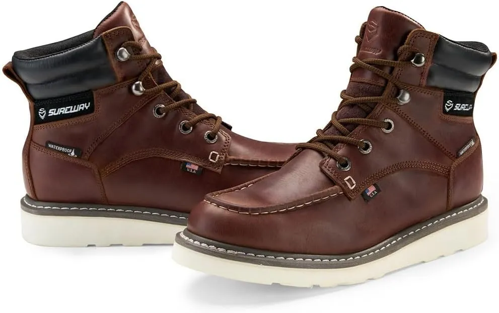 Men 6 Inch Waterproof Soft Toe Work Boots - Moc Toe,Construction Industrial Safety Leather Work Shoes,Oil/Slip Resistant Comfortable Wedge Outsole,EH Rated,Goodyear Welt,Lace Up,Heavy Duty