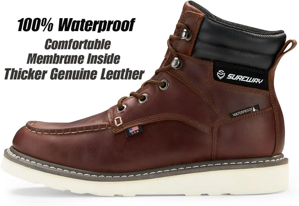 Men 6 Inch Waterproof Soft Toe Work Boots - Moc Toe,Construction Industrial Safety Leather Work Shoes,Oil/Slip Resistant Comfortable Wedge Outsole,EH Rated,Goodyear Welt,Lace Up,Heavy Duty