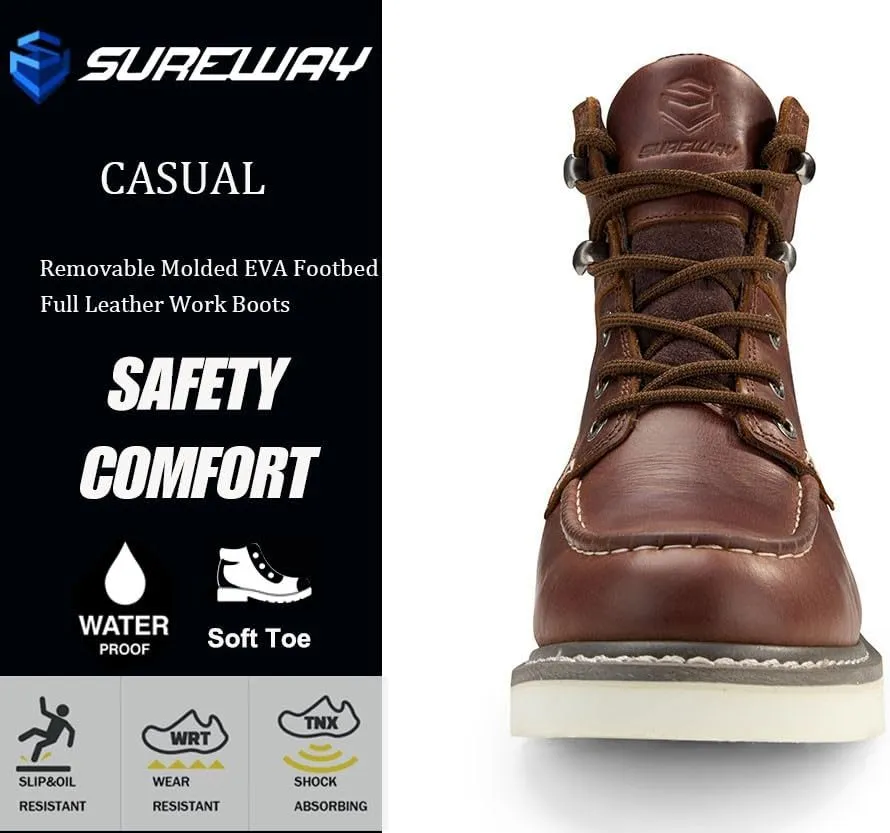 Men 6 Inch Waterproof Soft Toe Work Boots - Moc Toe,Construction Industrial Safety Leather Work Shoes,Oil/Slip Resistant Comfortable Wedge Outsole,EH Rated,Goodyear Welt,Lace Up,Heavy Duty