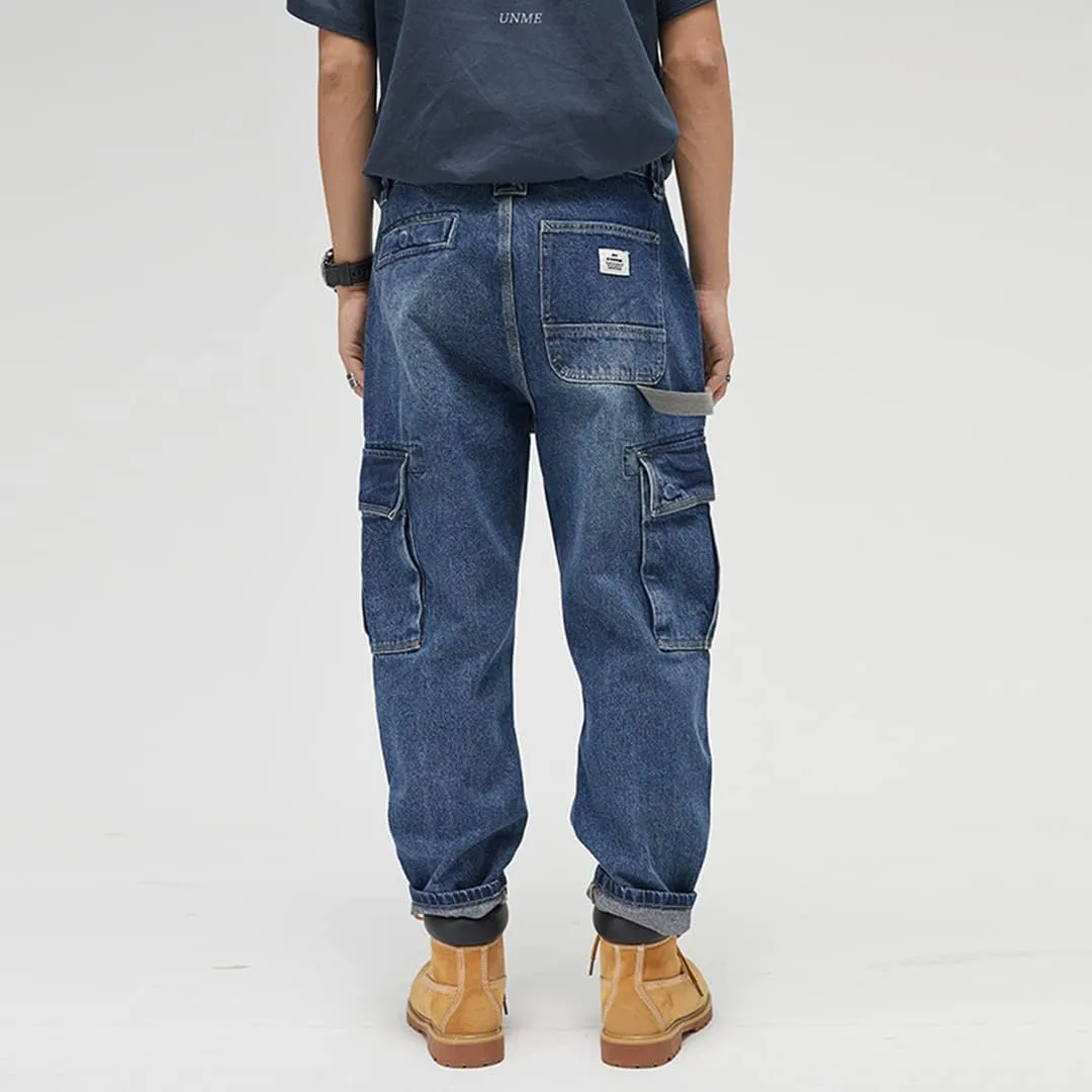Men Baggy Jeans with Multi-Pocket Cargo Casual Loose Hip Hop Oversized Skateboard Demin Pants Blue Black