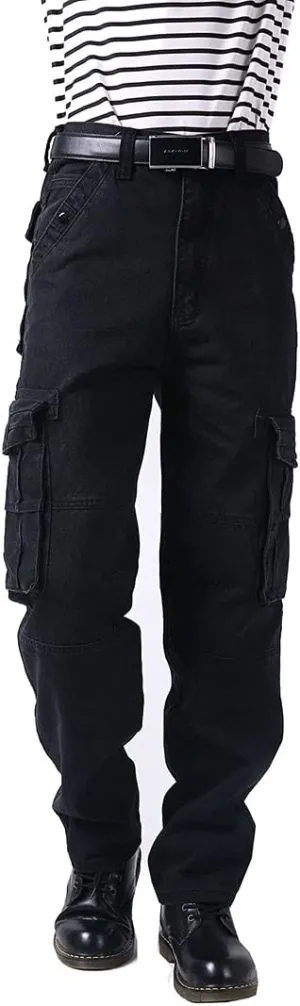 Men Baggy Jeans with Multi-Pocket Cargo Casual Loose Hip Hop Oversized Skateboard Demin Pants Blue Black