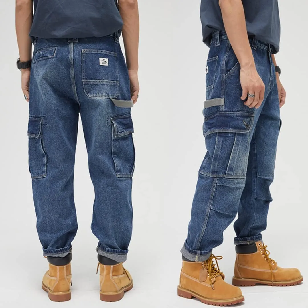 Men Baggy Jeans with Multi-Pocket Cargo Casual Loose Hip Hop Oversized Skateboard Demin Pants Blue Black