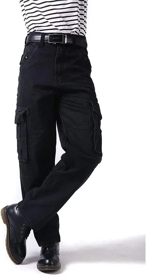 Men Baggy Jeans with Multi-Pocket Cargo Casual Loose Hip Hop Oversized Skateboard Demin Pants Blue Black