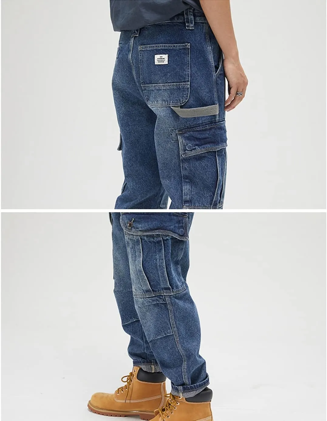 Men Baggy Jeans with Multi-Pocket Cargo Casual Loose Hip Hop Oversized Skateboard Demin Pants Blue Black
