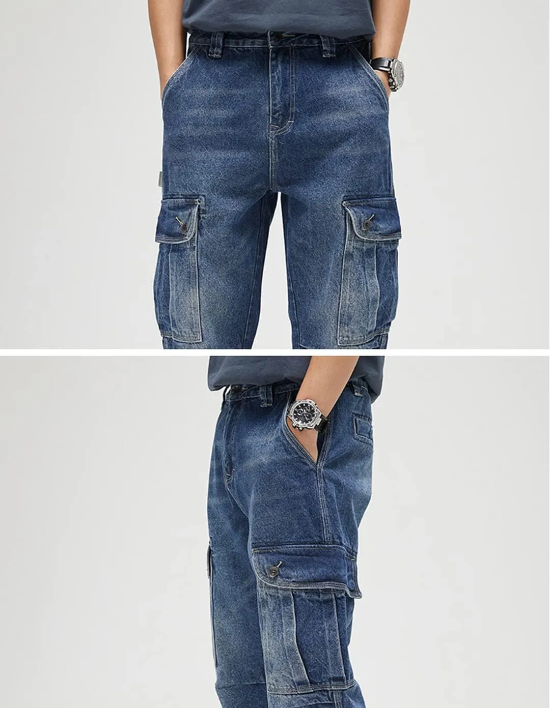 Men Baggy Jeans with Multi-Pocket Cargo Casual Loose Hip Hop Oversized Skateboard Demin Pants Blue Black