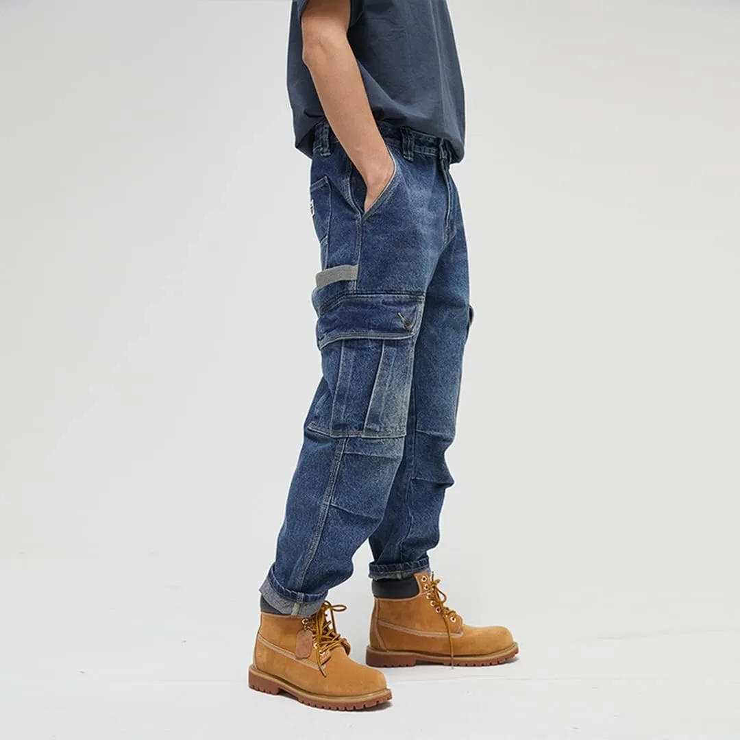 Men Baggy Jeans with Multi-Pocket Cargo Casual Loose Hip Hop Oversized Skateboard Demin Pants Blue Black