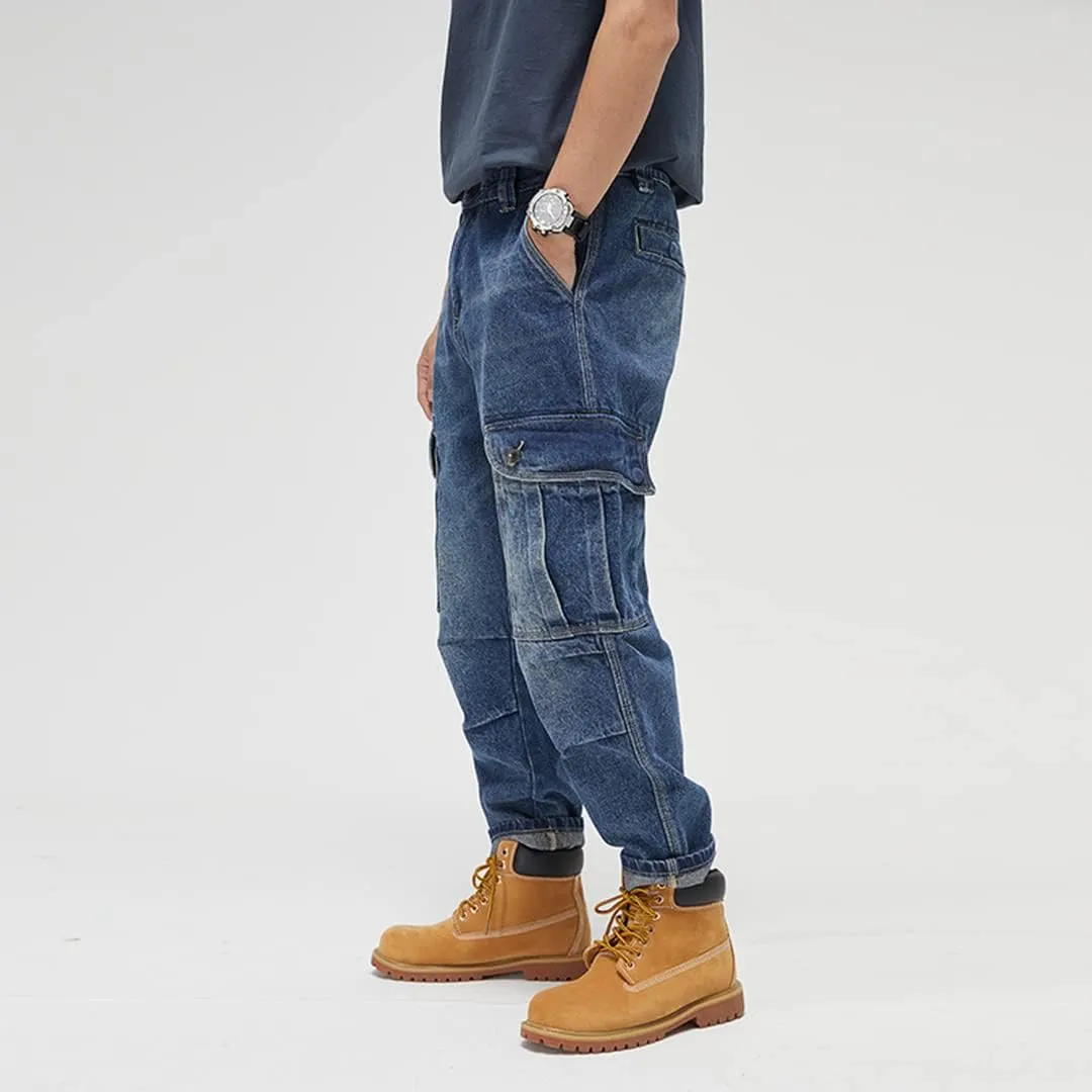 Men Baggy Jeans with Multi-Pocket Cargo Casual Loose Hip Hop Oversized Skateboard Demin Pants Blue Black