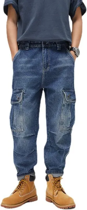 Men Baggy Jeans with Multi-Pocket Cargo Casual Loose Hip Hop Oversized Skateboard Demin Pants Blue Black