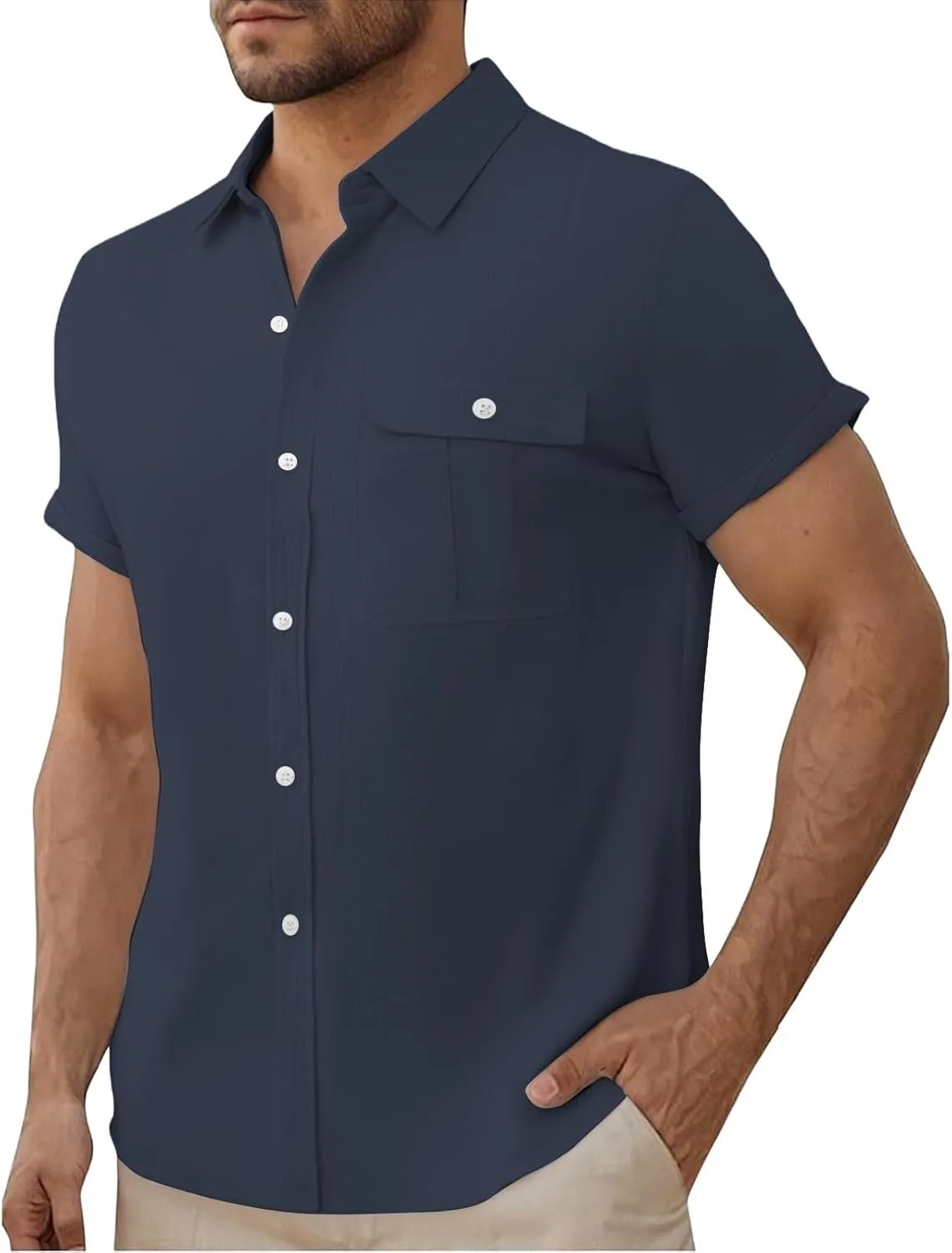 Men Cotton Linen Guayabera Shirts Casual Short Sleeve Button Down Work Shirt Solid Color Business Office Dress Tops