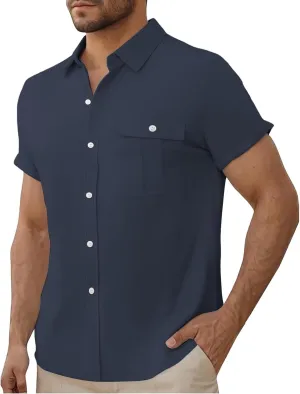 Men Cotton Linen Guayabera Shirts Casual Short Sleeve Button Down Work Shirt Solid Color Business Office Dress Tops