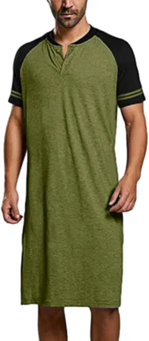 Men Henley Night Shirt for Sleeping Short Sleeve Pajamas Comfy Big and Tall Nightgown Loose Pullover Kaftan Sleepwear