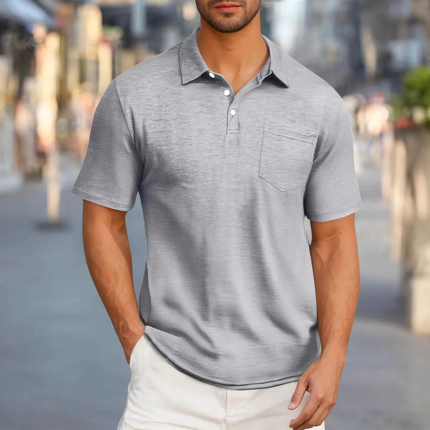 Men's Athletic Cotton Tops Short Sleeve Button Golf Polo Shirts Casual Moisture Wicking Collared T Shirts with Pocket