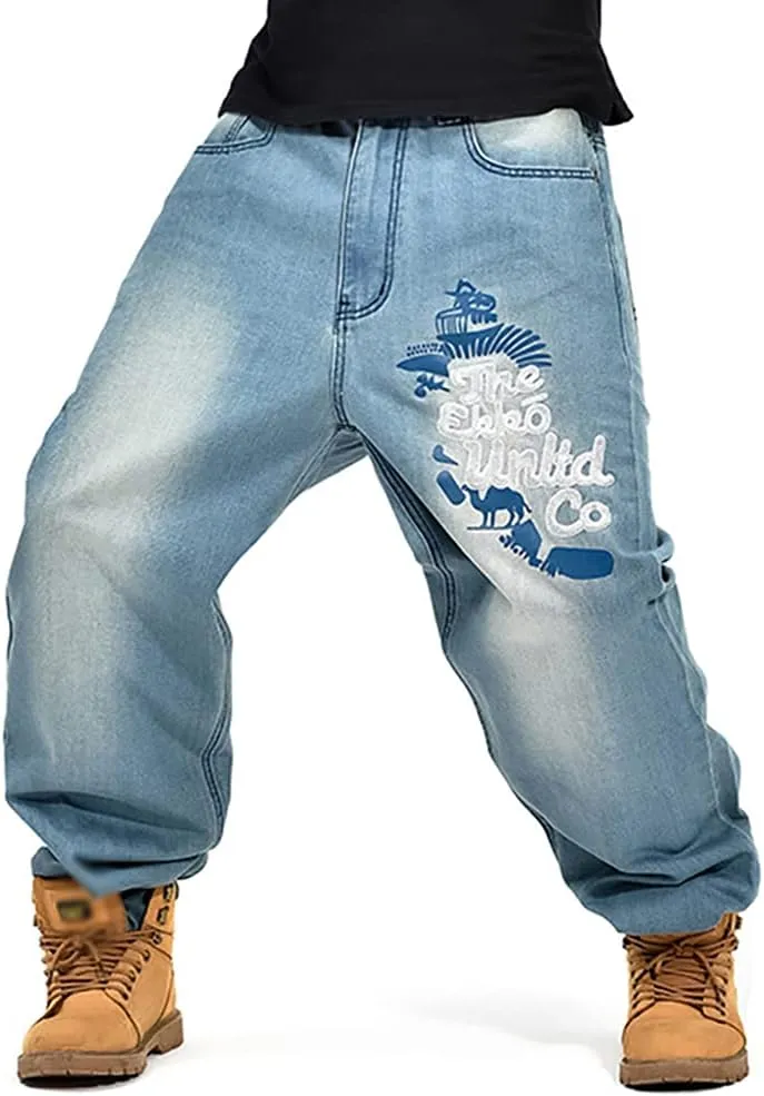Men's Baggy Jeans Vintage 90's Hip Hop Style Denim Embroidery Loose Fit Dance Skateboard Pants