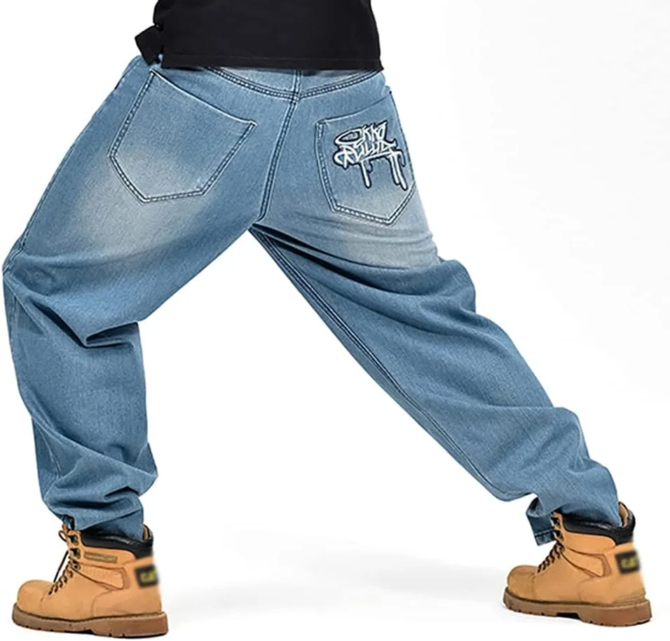 Men's Baggy Jeans Vintage 90's Hip Hop Style Denim Embroidery Loose Fit Dance Skateboard Pants