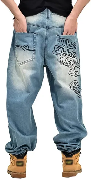 Men's Baggy Jeans Vintage 90's Hip Hop Style Denim Embroidery Loose Fit Dance Skateboard Pants