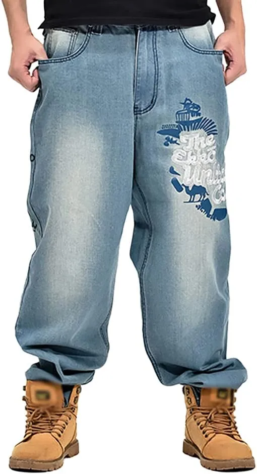 Men's Baggy Jeans Vintage 90's Hip Hop Style Denim Embroidery Loose Fit Dance Skateboard Pants
