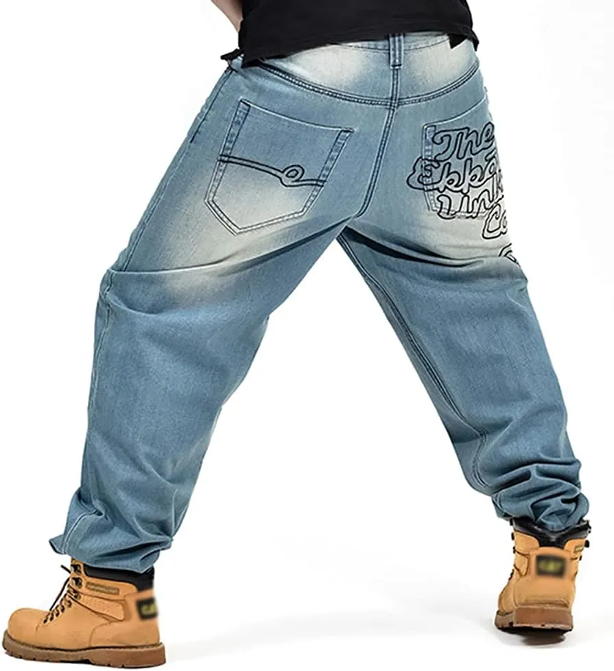 Men's Baggy Jeans Vintage 90's Hip Hop Style Denim Embroidery Loose Fit Dance Skateboard Pants