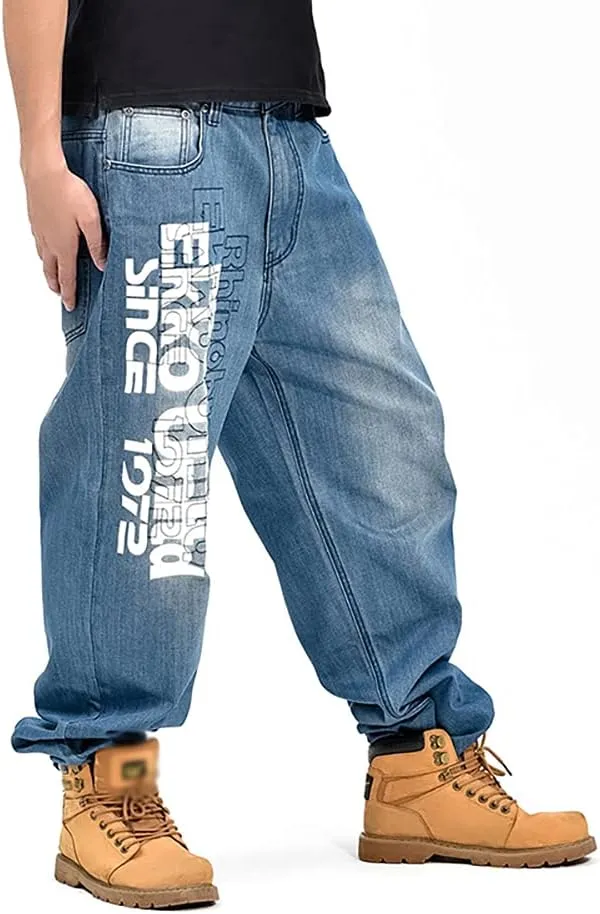 Men's Baggy Jeans Vintage 90's Hip Hop Style Denim Embroidery Loose Fit Dance Skateboard Pants