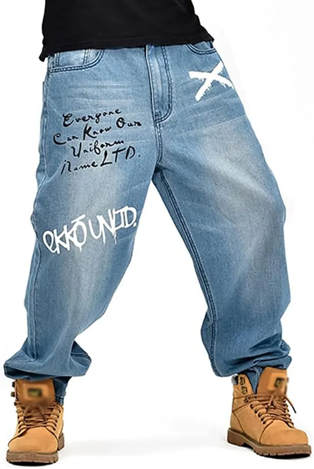 Men's Baggy Jeans Vintage 90's Hip Hop Style Denim Embroidery Loose Fit Dance Skateboard Pants
