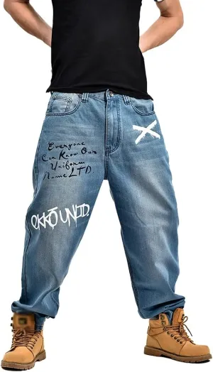 Men's Baggy Jeans Vintage 90's Hip Hop Style Denim Embroidery Loose Fit Dance Skateboard Pants