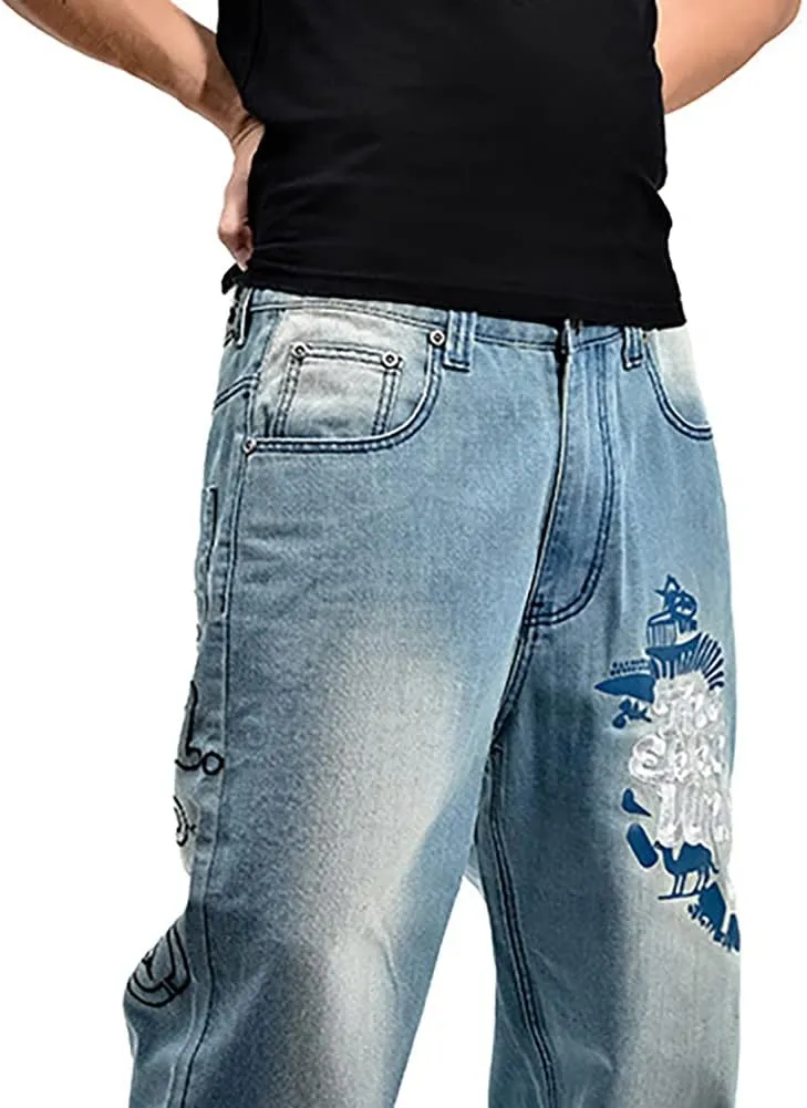 Men's Baggy Jeans Vintage 90's Hip Hop Style Denim Embroidery Loose Fit Dance Skateboard Pants