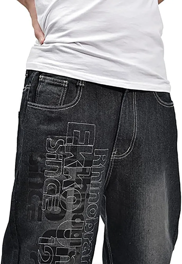 Men's Baggy Jeans Vintage 90's Hip Hop Style Denim Embroidery Loose Fit Dance Skateboard Pants