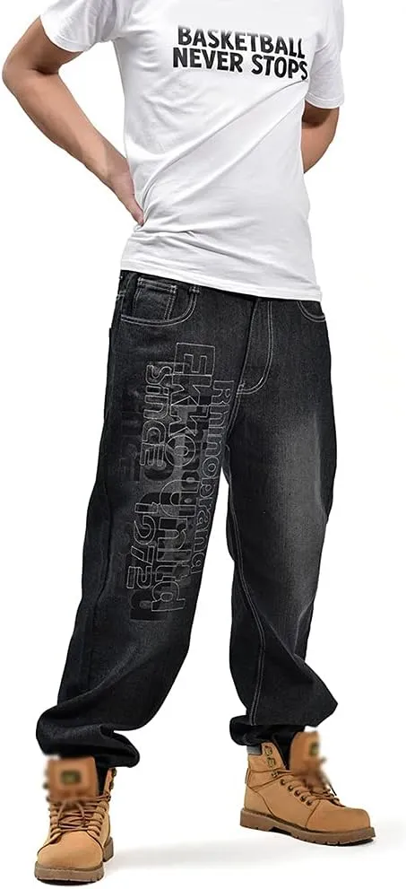 Men's Baggy Jeans Vintage 90's Hip Hop Style Denim Embroidery Loose Fit Dance Skateboard Pants