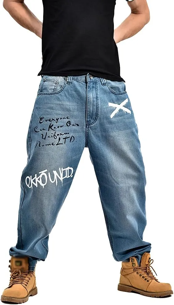 Men's Baggy Jeans Vintage 90's Hip Hop Style Denim Embroidery Loose Fit Dance Skateboard Pants