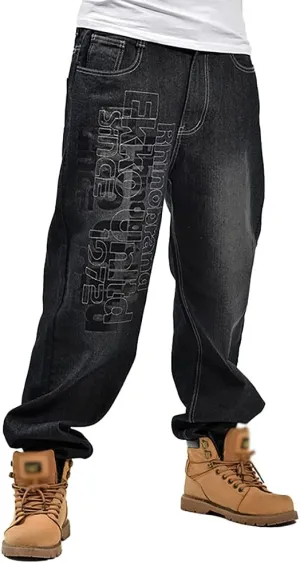 Men's Baggy Jeans Vintage 90's Hip Hop Style Denim Embroidery Loose Fit Dance Skateboard Pants
