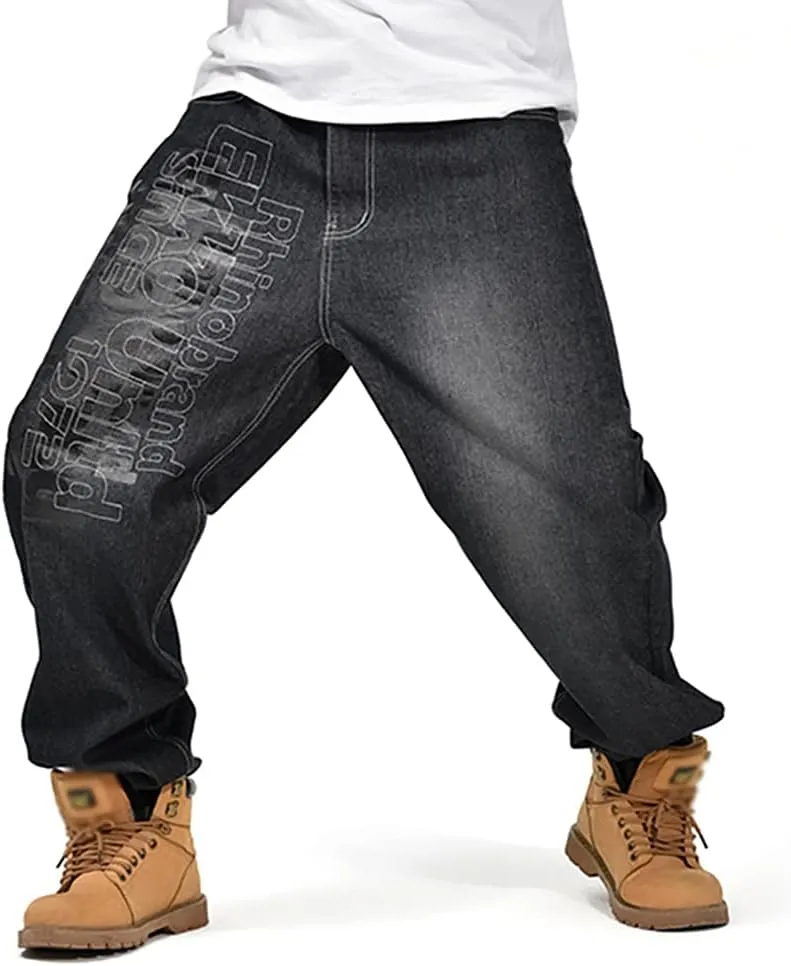 Men's Baggy Jeans Vintage 90's Hip Hop Style Denim Embroidery Loose Fit Dance Skateboard Pants