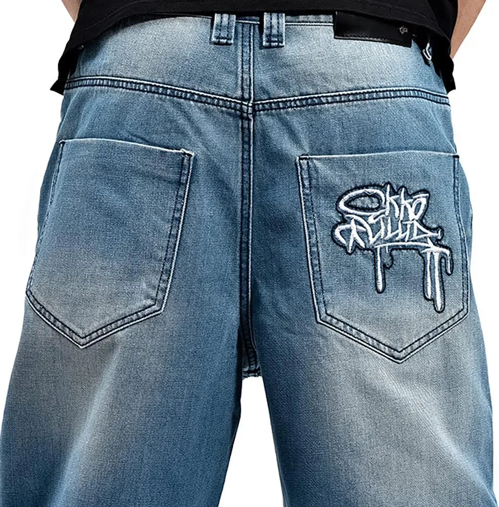 Men's Baggy Jeans Vintage 90's Hip Hop Style Denim Embroidery Loose Fit Dance Skateboard Pants