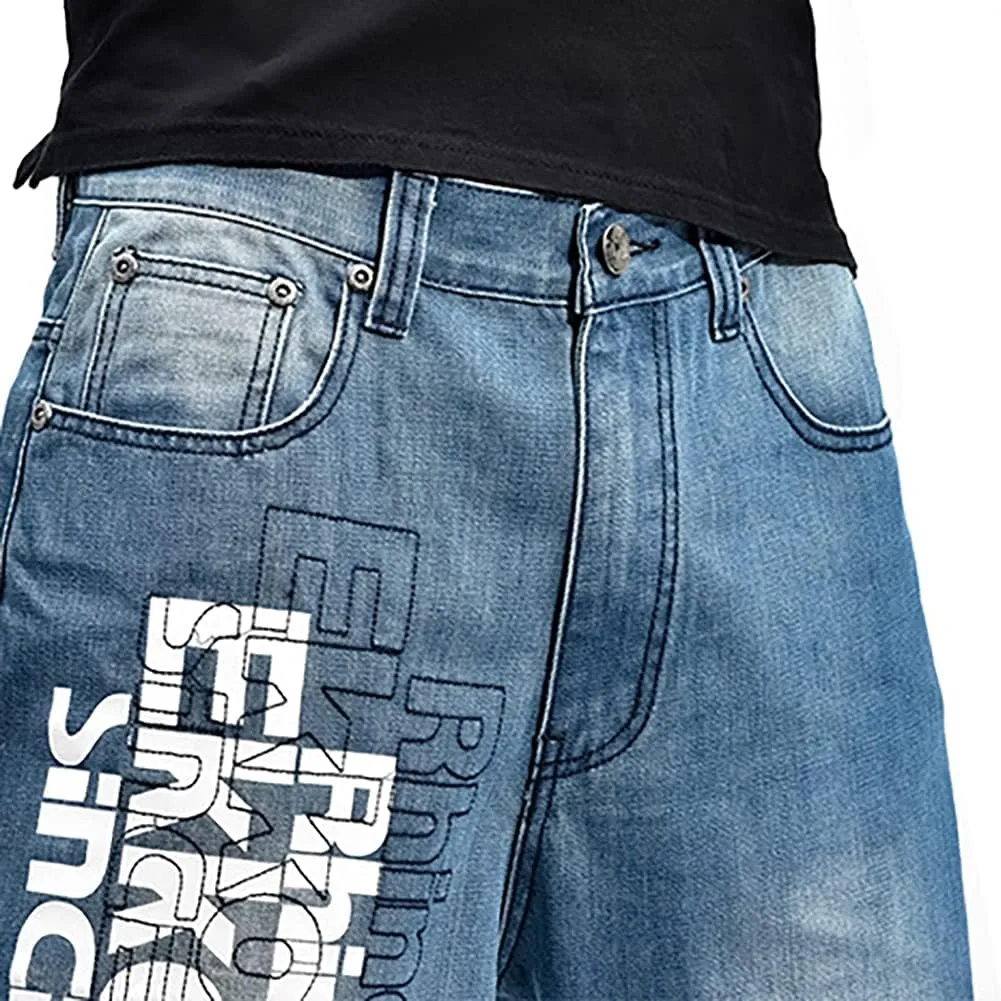 Men's Baggy Jeans Vintage 90's Hip Hop Style Denim Embroidery Loose Fit Dance Skateboard Pants