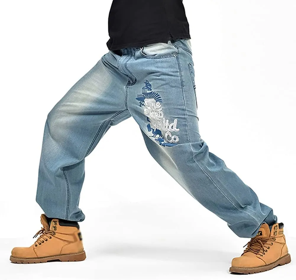 Men's Baggy Jeans Vintage 90's Hip Hop Style Denim Embroidery Loose Fit Dance Skateboard Pants